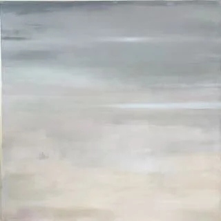 A soft, misty seascape in calming greys and neutrals, offering a quiet horizon and a peaceful, atmospheric sense of space.