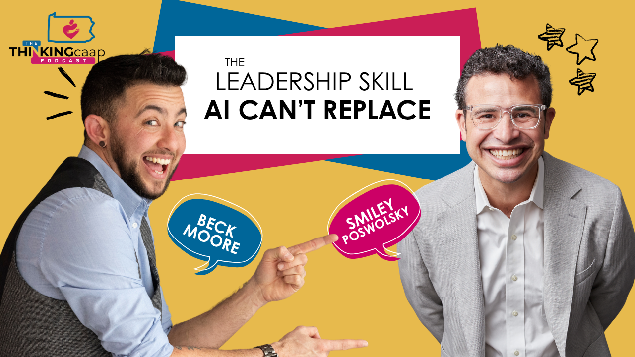 yellow background with the title "The Leadership Skill AI Can't Replace" along with the photos of Beck Moore and Smiley Poswolsky
