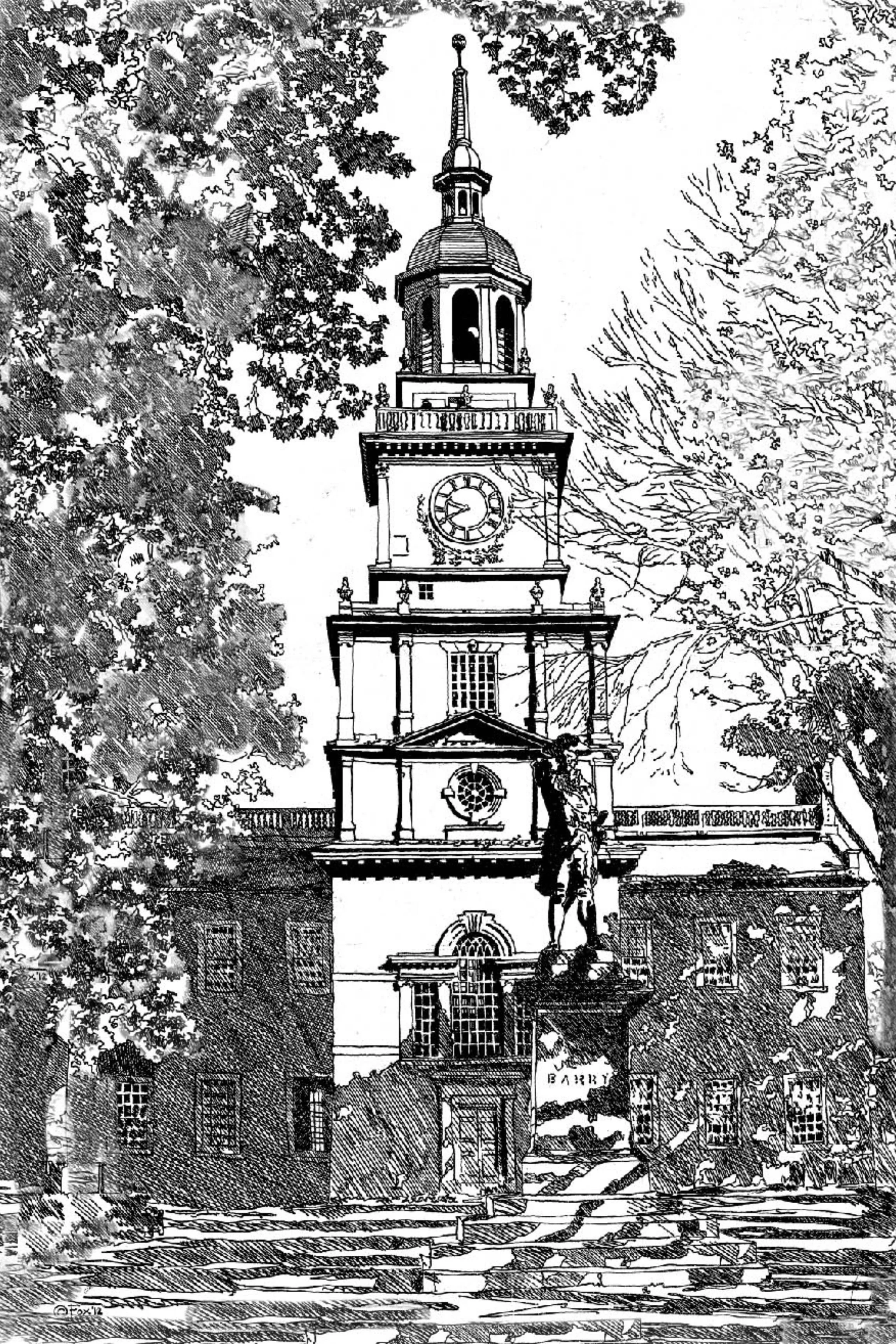 Independence Hall Ink Drawing #1A