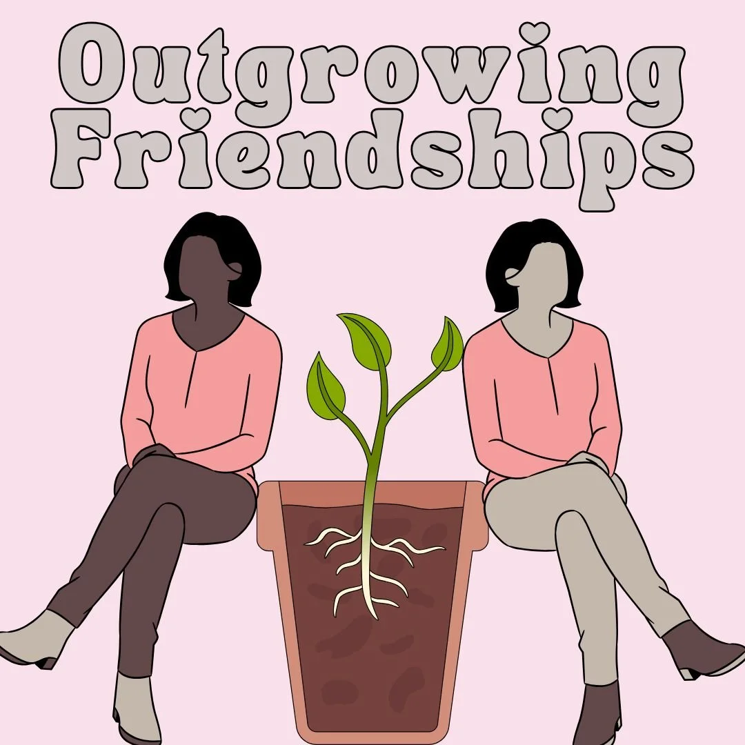 A cartoon image of two friends sitting on opposite sides with a plant growing between them