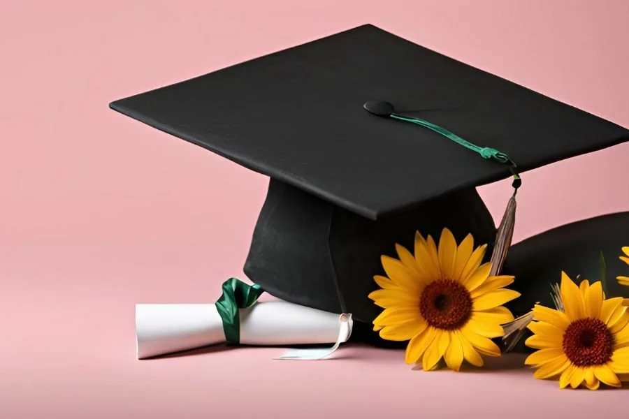 graduation cap and sunflowers