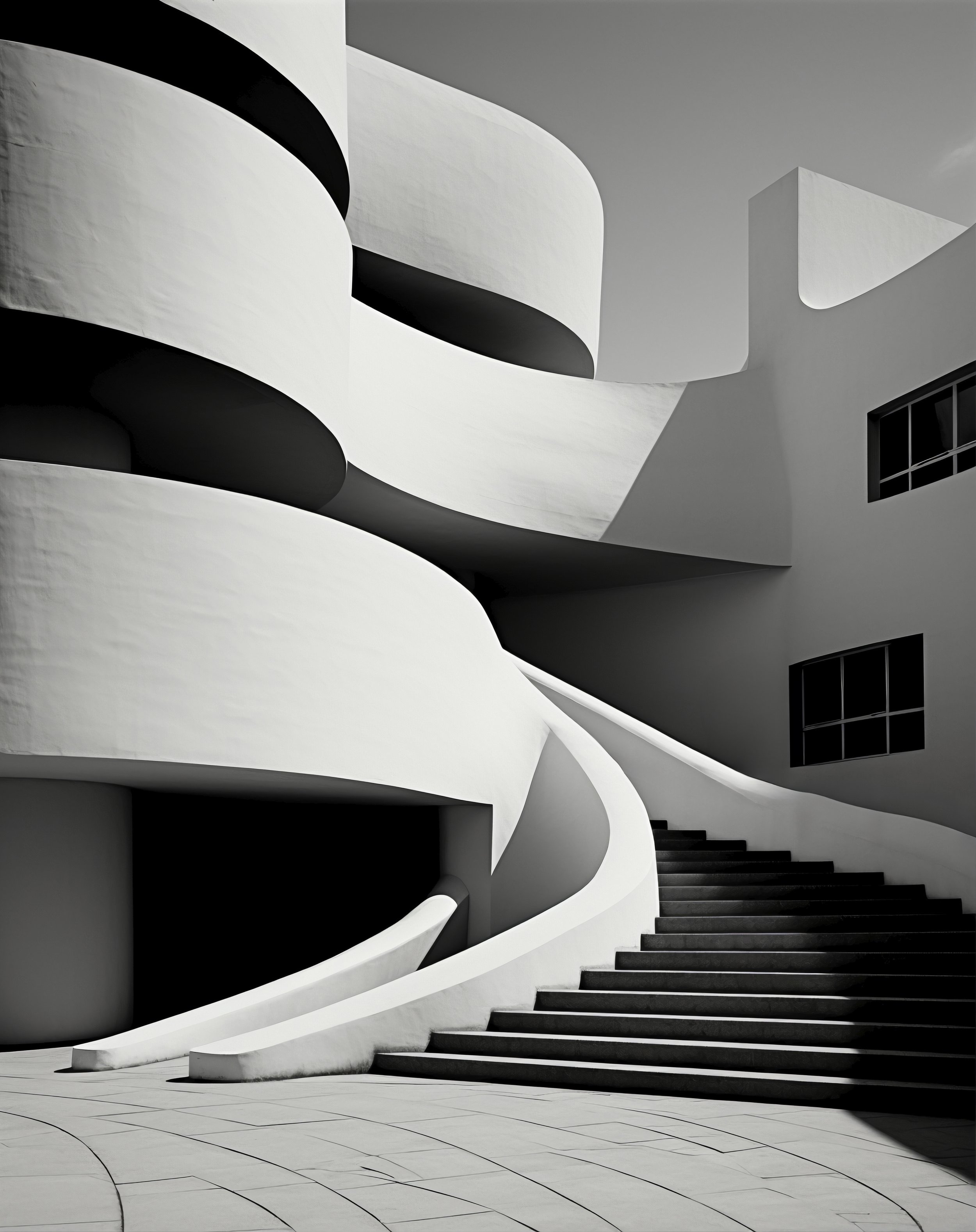 Black and white modern building with smooth curved white walls and black windows, featuring a spiral staircase on the exterior.