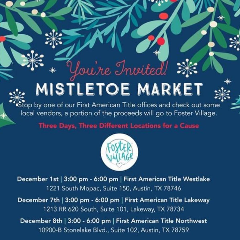 Come join us tomorrow, December 1st, at First American Title Westlake for our Mistletoe Market! Eat, Drink, Shop and be Merry! Enjoy complimentary drinks and bites while you shop from local businesses, with gift wrapping available onsite. A portion o