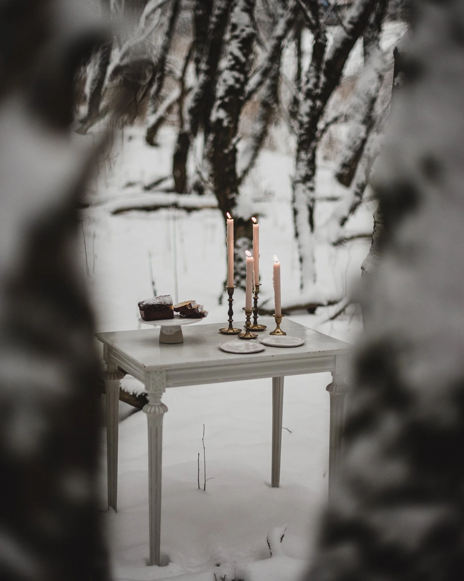 Snow-covered winter landscape with muted light, soft shadows on a snowy field