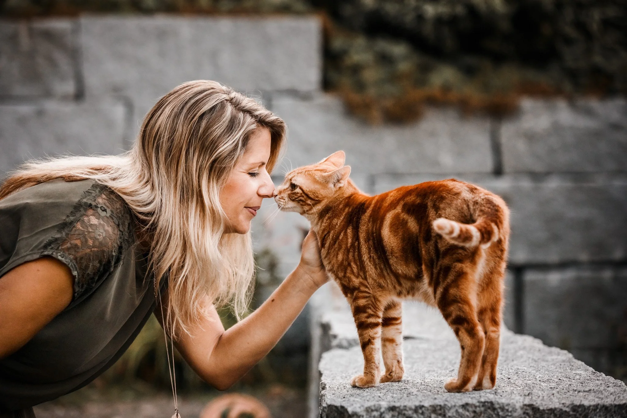 Frau und Katze berühren sich mit den Nasen und schauen sich an, während die Frau auf einem Stein sitzt.