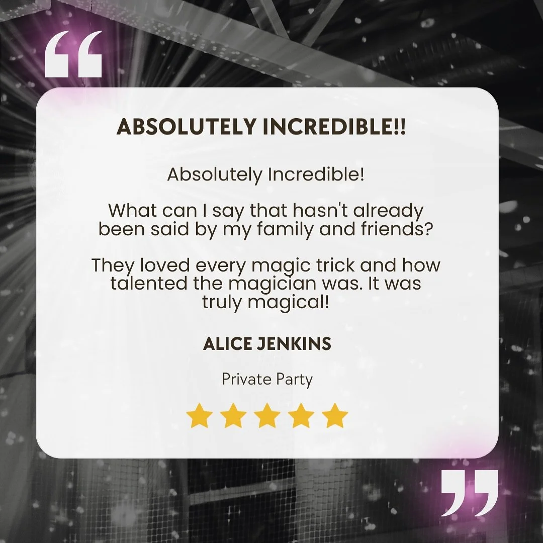 When guests say
&ldquo;Absolutely incredible!!&rdquo;
&hellip;you know the magic hit different. ⚡️

Alice&rsquo;s private party was full of laughter, gasps,
and those &ldquo;wait&hellip; how?!&rdquo; moments that never get old.

⭐ Magic that connects