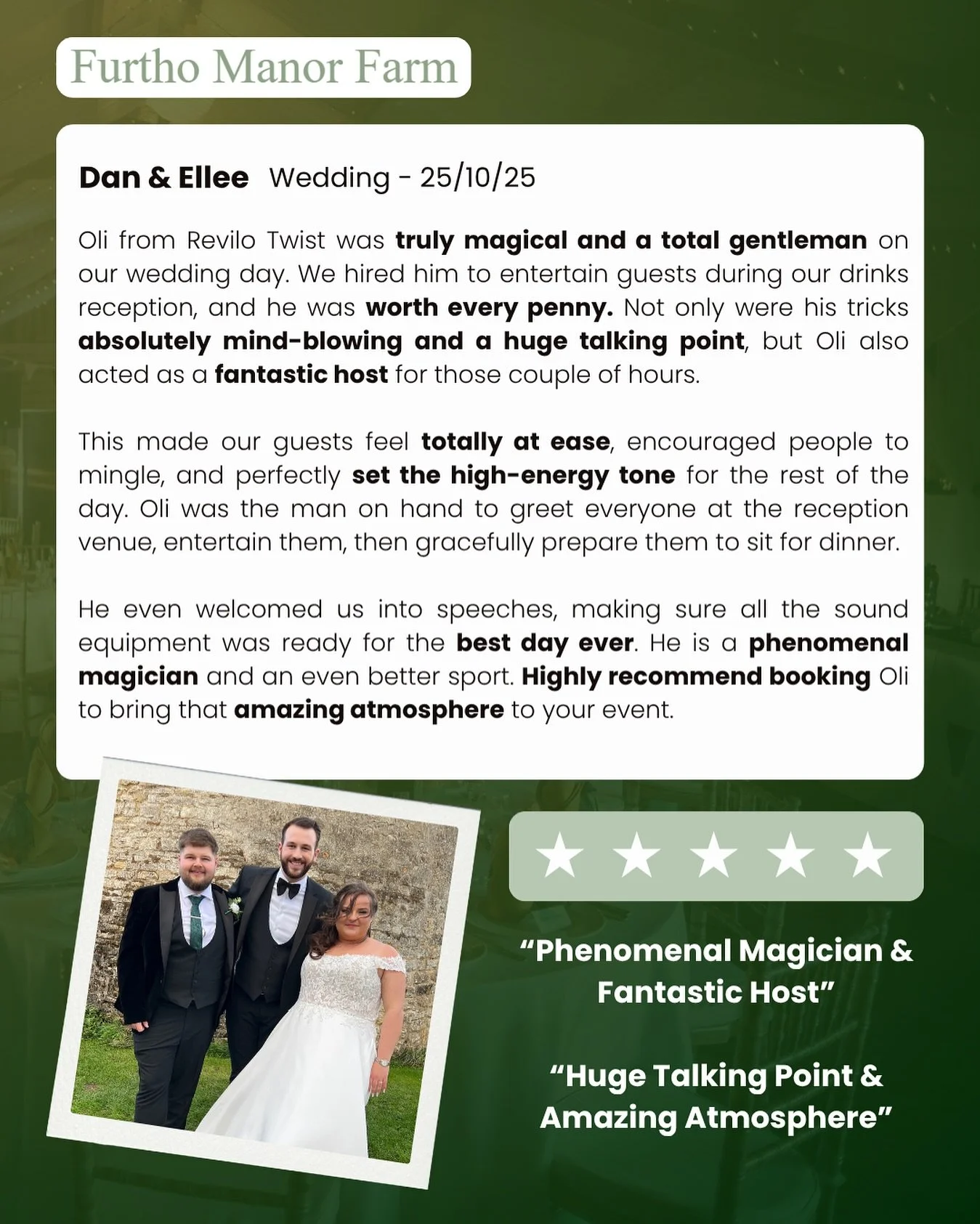 Moments like this remind me why I LOVE what I do 💫

Dan &amp; Ellee&rsquo;s wedding at @furthomanorfarm was pure magic - laughter, amazement, and the kind of energy that makes a day unforgettable 💍✨

Hearing their words meant the world.
A phenomena