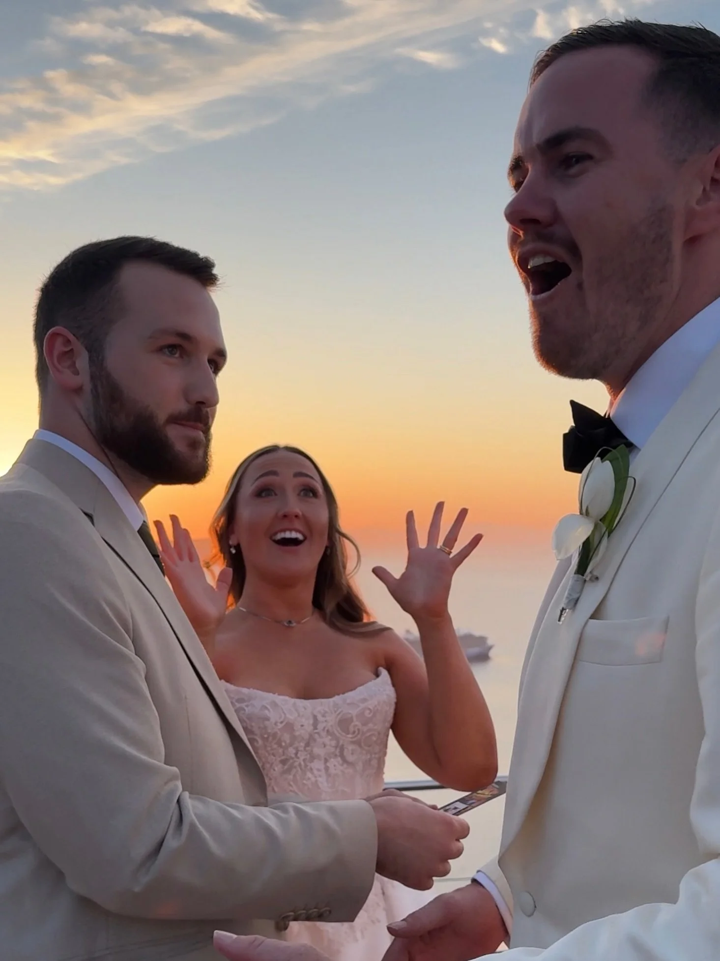 This is why I LOVE destination weddings ✨

Golden hour in Santorini 🌅

Just me, the bride, the groom&hellip;

And a moment none of us will forget 🎩✨

Watching Billie-Marie and Connor&rsquo;s reactions against a sunset like this was something specia