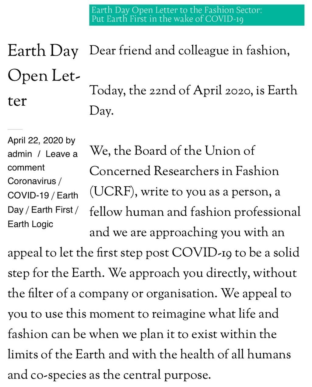 The board of @ucrfashion marks Earth Day with an open letter to the fashion industry, accesible through the link in profile. The board wishes everyone a safe, healthy and just Earth Day. #earthday #ucrf #unionofconcernedresearchersinfashion #justtran