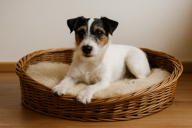 Hund liegt auf natürlichem Schaffell-Hundebett – gesundes, plastikfreies Hundebett
