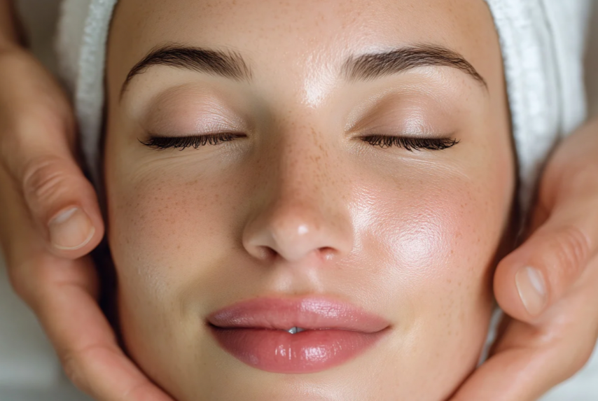 Close-up of a woman's face with closed eyes, receiving a facial massage, smiling gently, with clear skin and natural makeup.