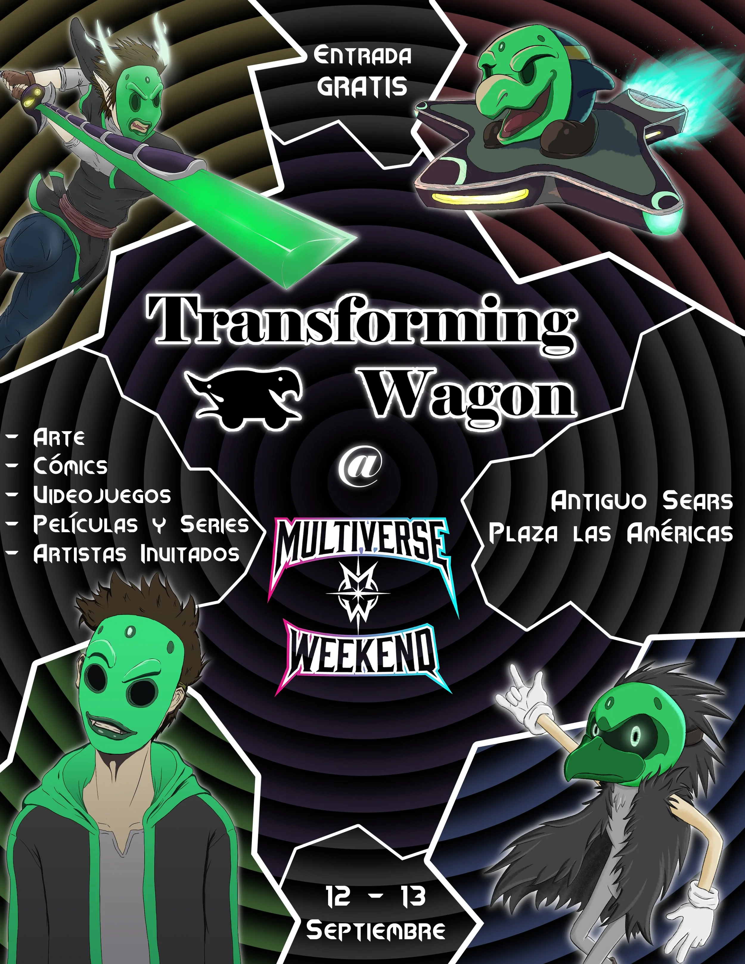 Flyer featuring Ignacio the vejigante in his variant forms. The text reads Transforming Wagon at Multiverse Weekend. The event date is 12 and 13 september.