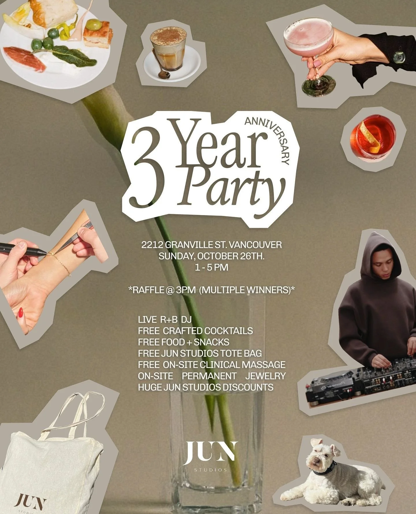 Three years of style, self-care &amp; seriously good vibes. ✨🎉⁠
⁠
@junstudios is celebrating their 3-Year Anniversary - and everyone&rsquo;s invited! Stop by for crafted cocktails, snacks, live R+B beats, and tons of surprises, from tote bags and ma