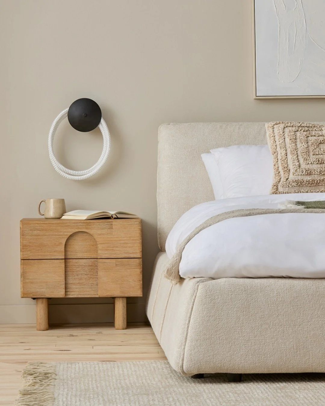 Simplicity that speaks volumes. 🛏️✨⁠
⁠
@structube brings calm and comfort to the bedroom with the Priya nightstand. Clean lines and geometric style paired with the Tessa bed, designed for those cozy, end-of-day unwinds. Soft tones, simple shapes, an