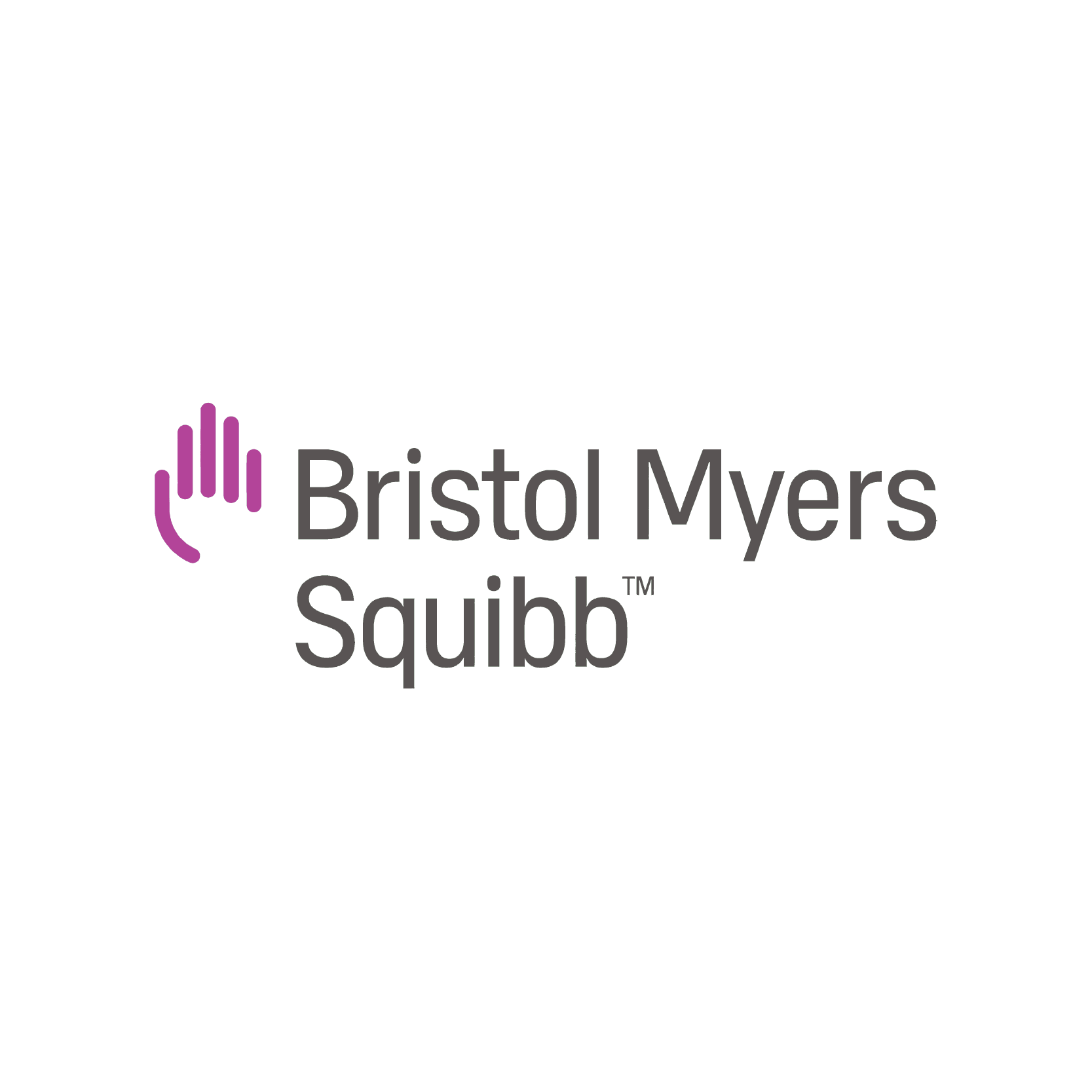 Logo of Bristol Myers Squibb with a purple hand icon and company name in black text.