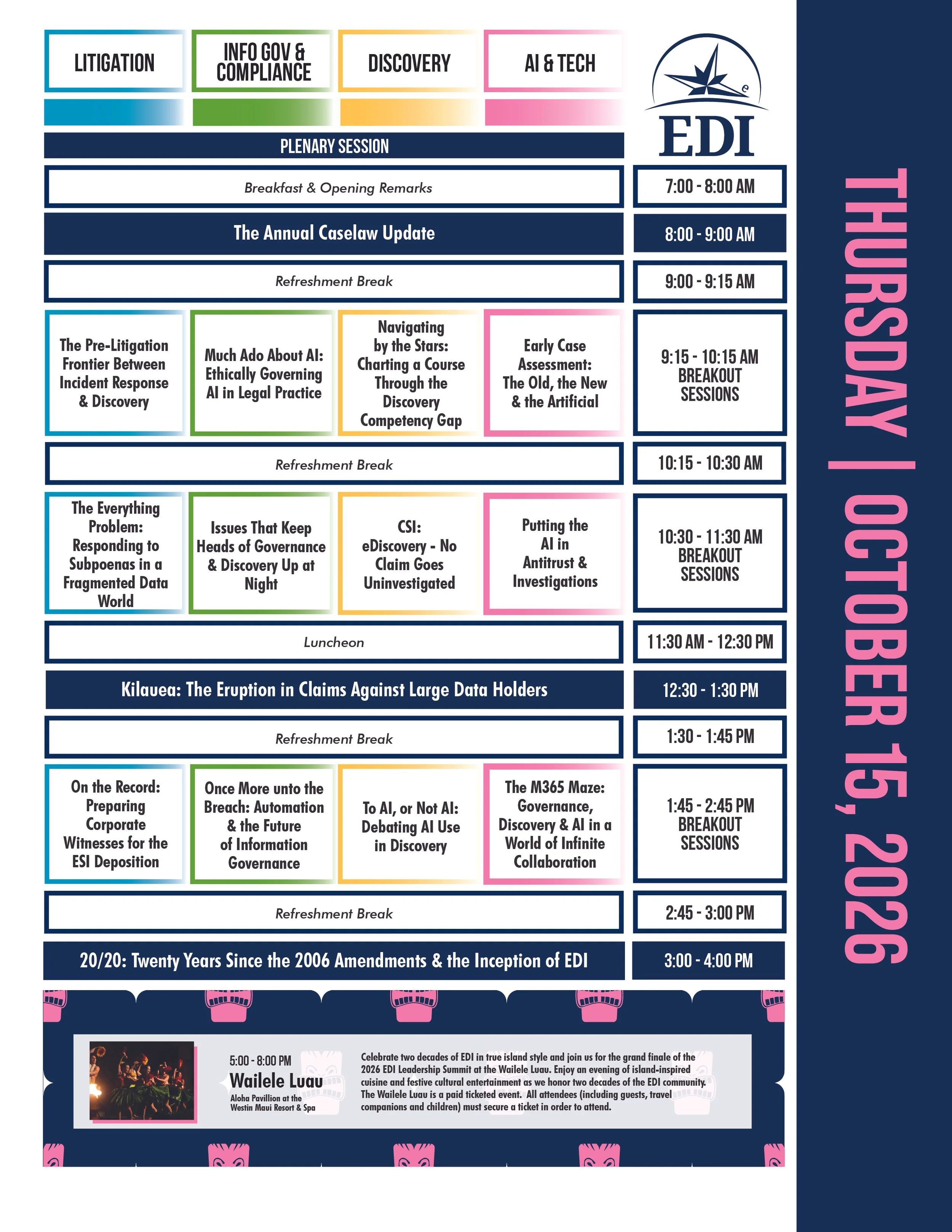 Event schedule for Thursday, October 15, 2026, including sessions on litigation, AI, tech, discovery, and legal topics from early morning to evening, with breaks and a luncheon.