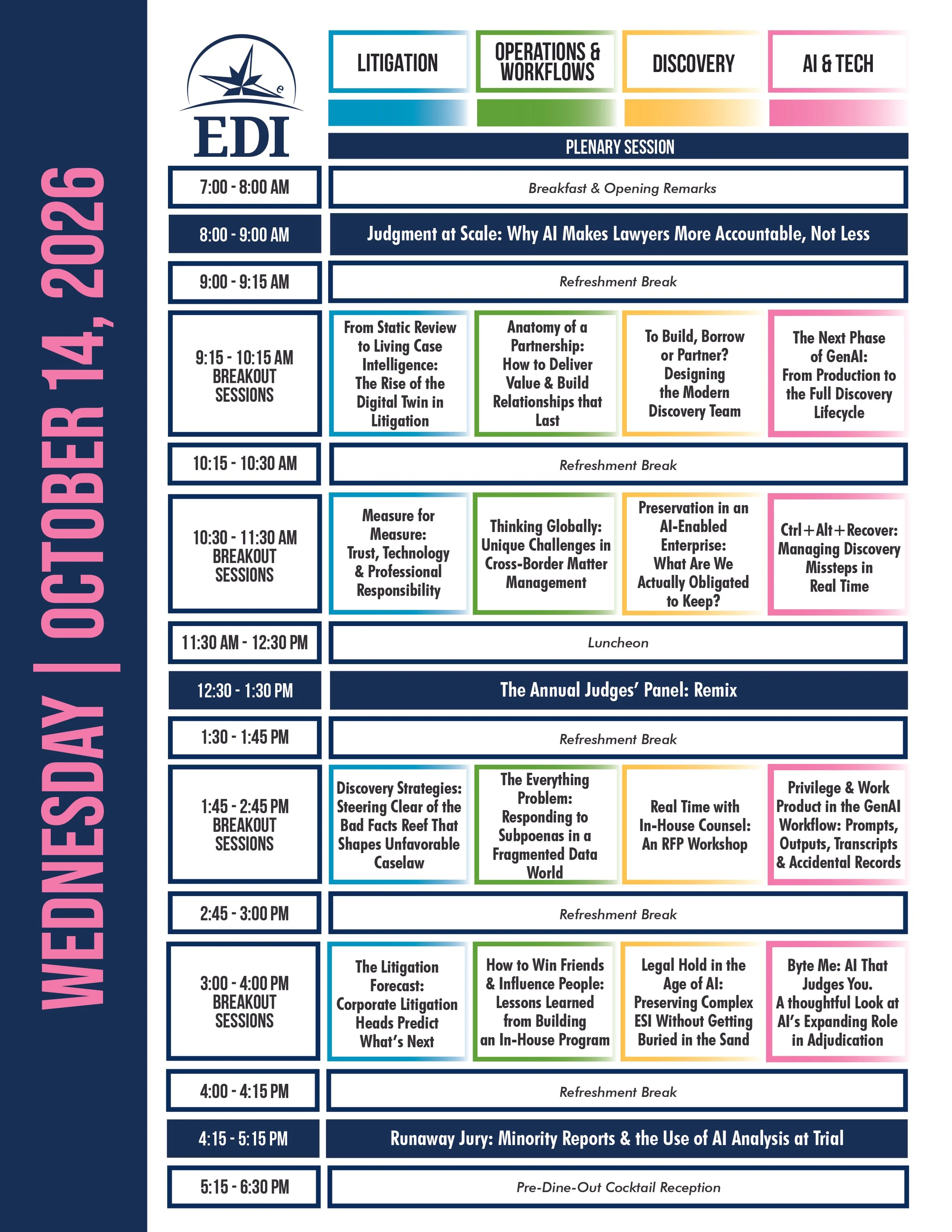 Conference agenda for April 26, 2024, showing times, topics, and session titles, with a schedule from early morning breakfast to evening reception, organized in color-coded sections under categories like Litigation, Operations & Workflows, Discovery, AI & Tech.