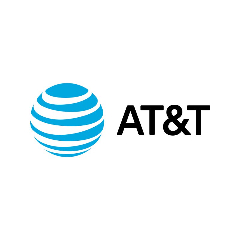 AT&T logo with a blue globe made of curved stripes and the text 'AT&T' in black next to it.