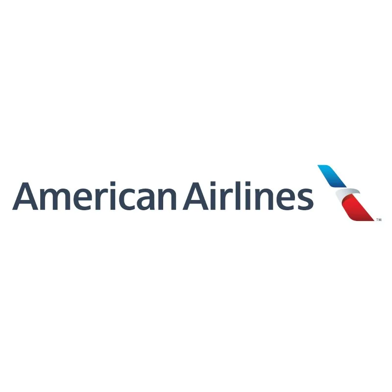 American Airlines logo with text and stylized eagle tail emblem in blue, white, and red.