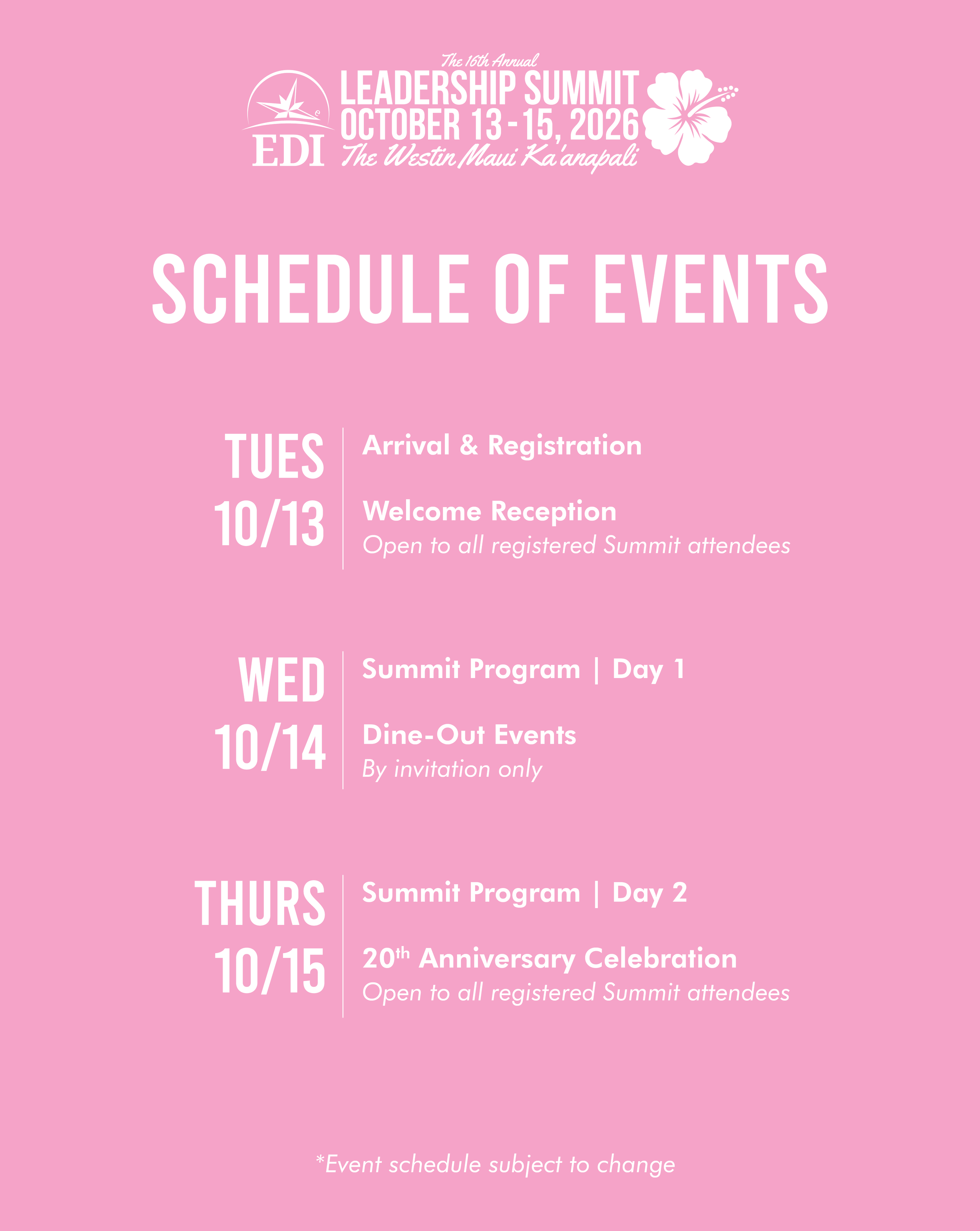 Schedule of events for the 16th Annual Leadership Summit held October 13-15, 2026 at The Westin Maui Ka'anapali, on a pink background with a hibiscus flower graphic.