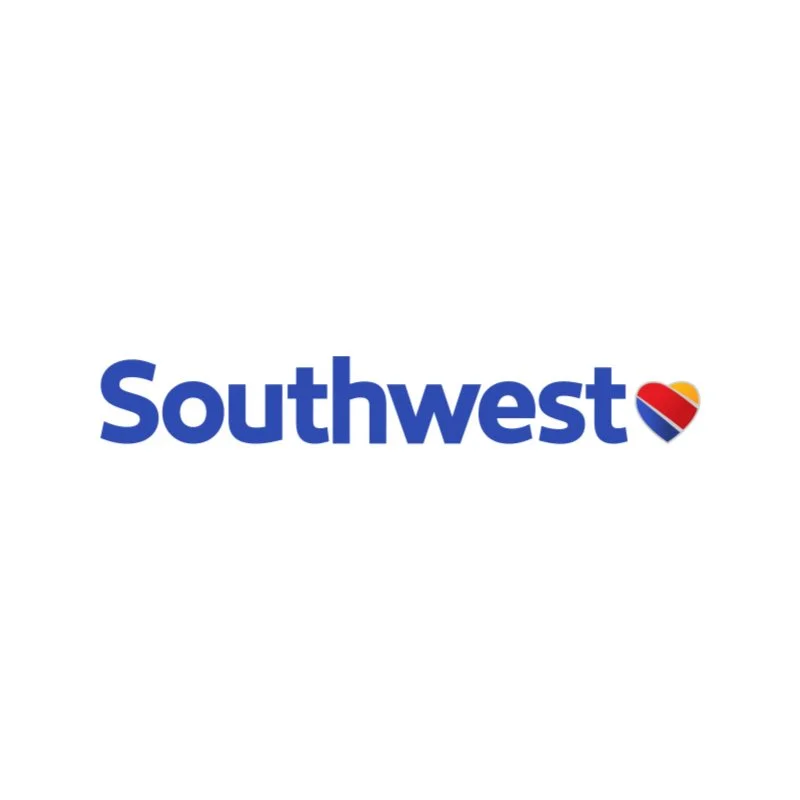 Southwest Airlines logo with the word 'Southwest' in blue and a heart-shaped icon with red, yellow, and blue stripes