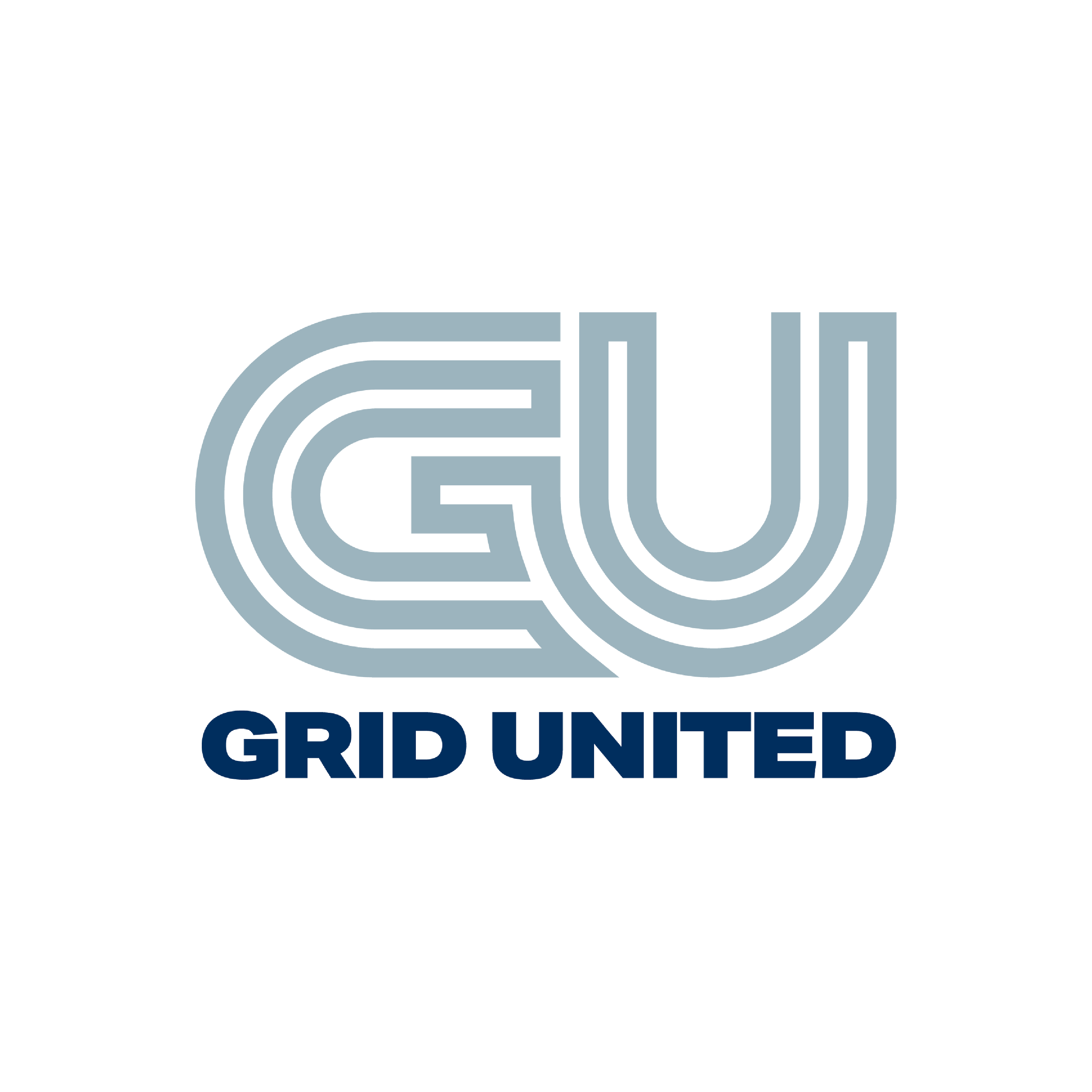 The grayscale logo of Grid United features the text 'GRID UNITED' below an abstract circular design composed of curved lines.