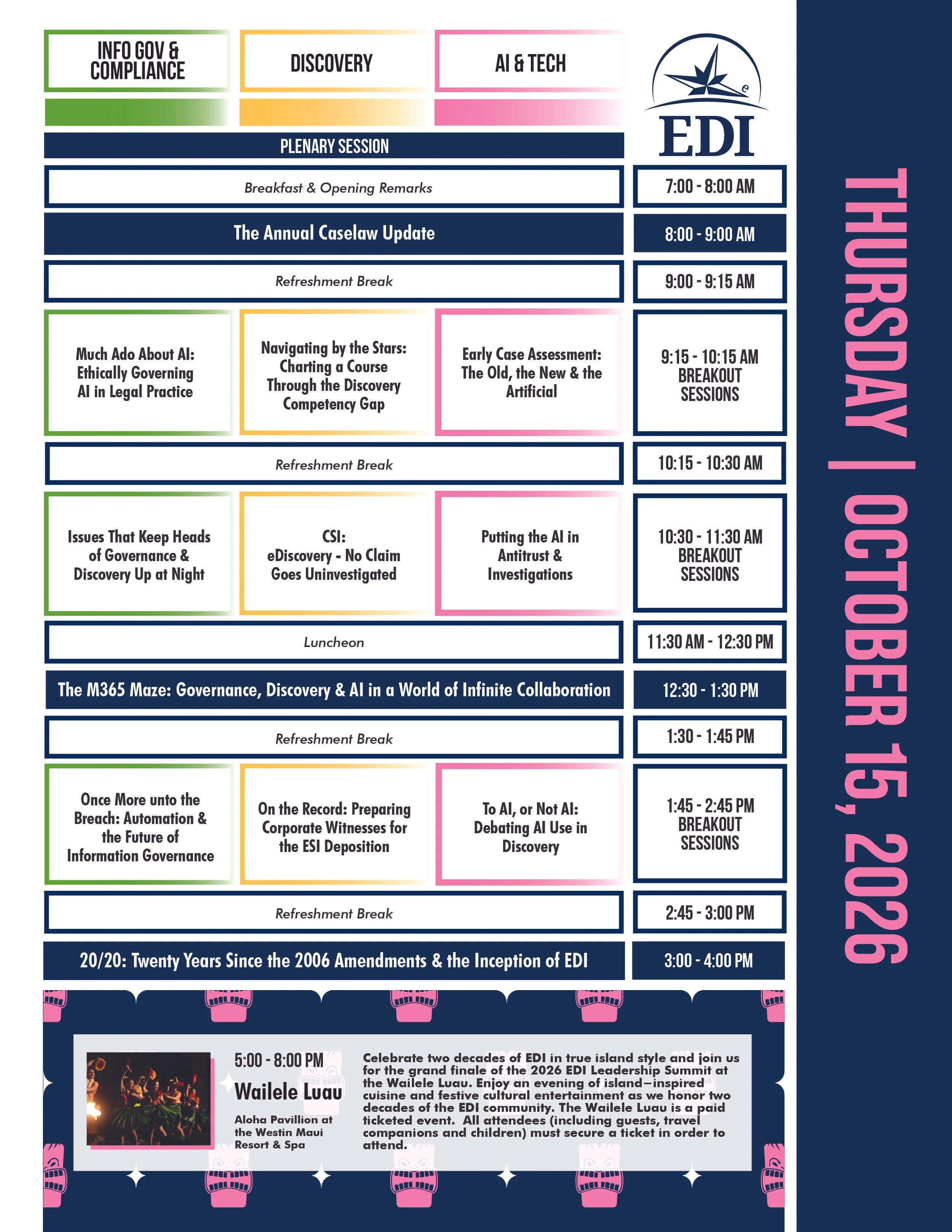 Schedule of events at the 2023 EDI Leadership Summit, including session topics, times, and breakout sessions, with a decorative border of pink and purple tiki masks.