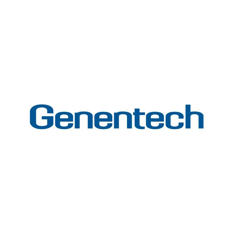 Genentech company logo in blue text on a white background.