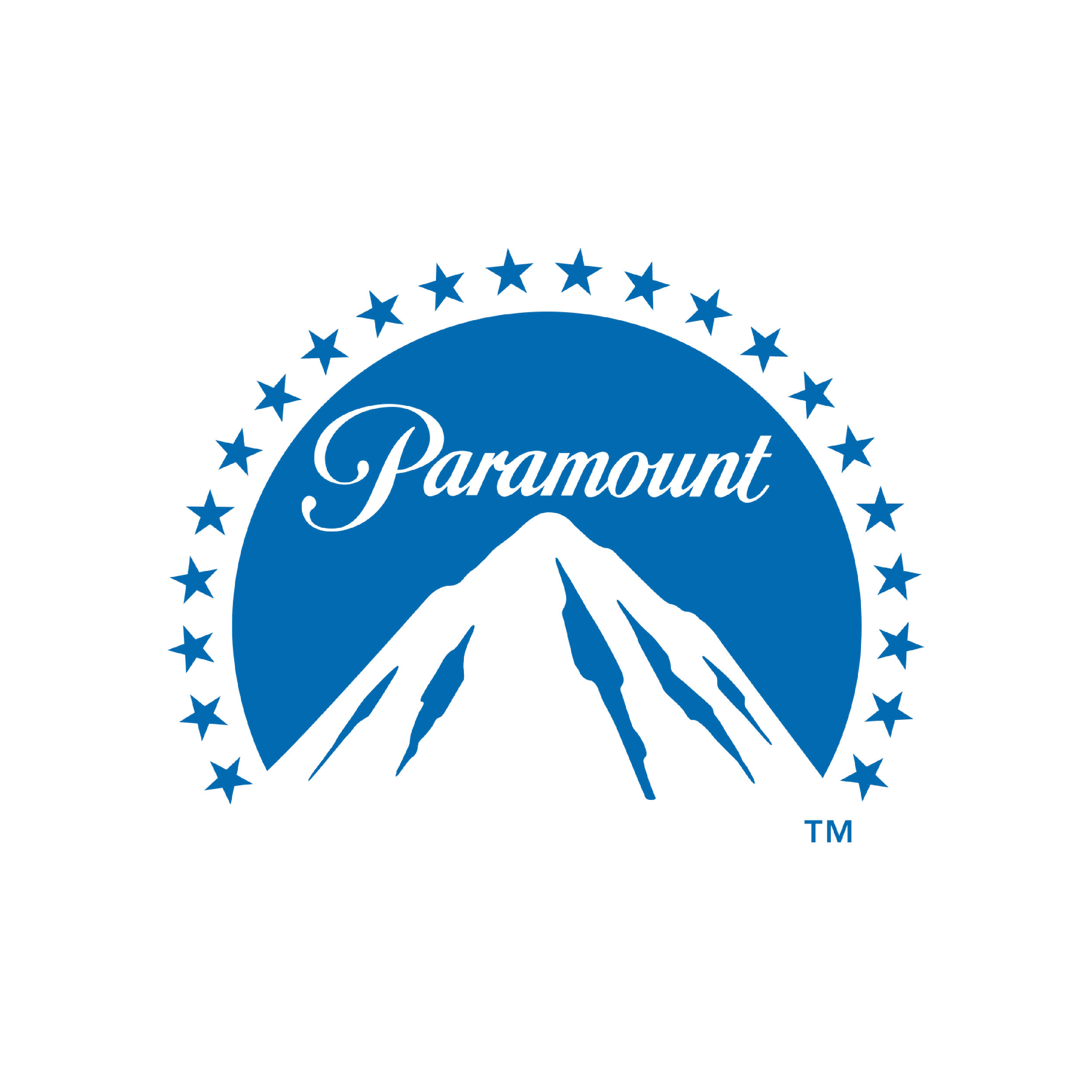 Paramount logo with blue stars surrounding a blue mountain peak and the word 'Paramount' written in script.