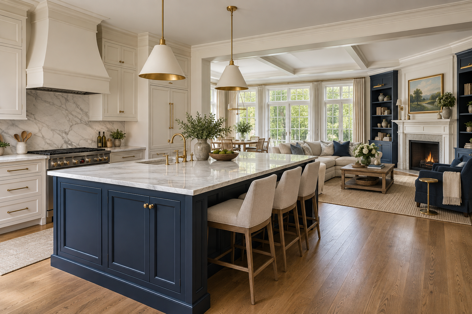 AI-generated design concept of a light-filled kitchen and living room with navy cabinetry, marble counters and oak floors