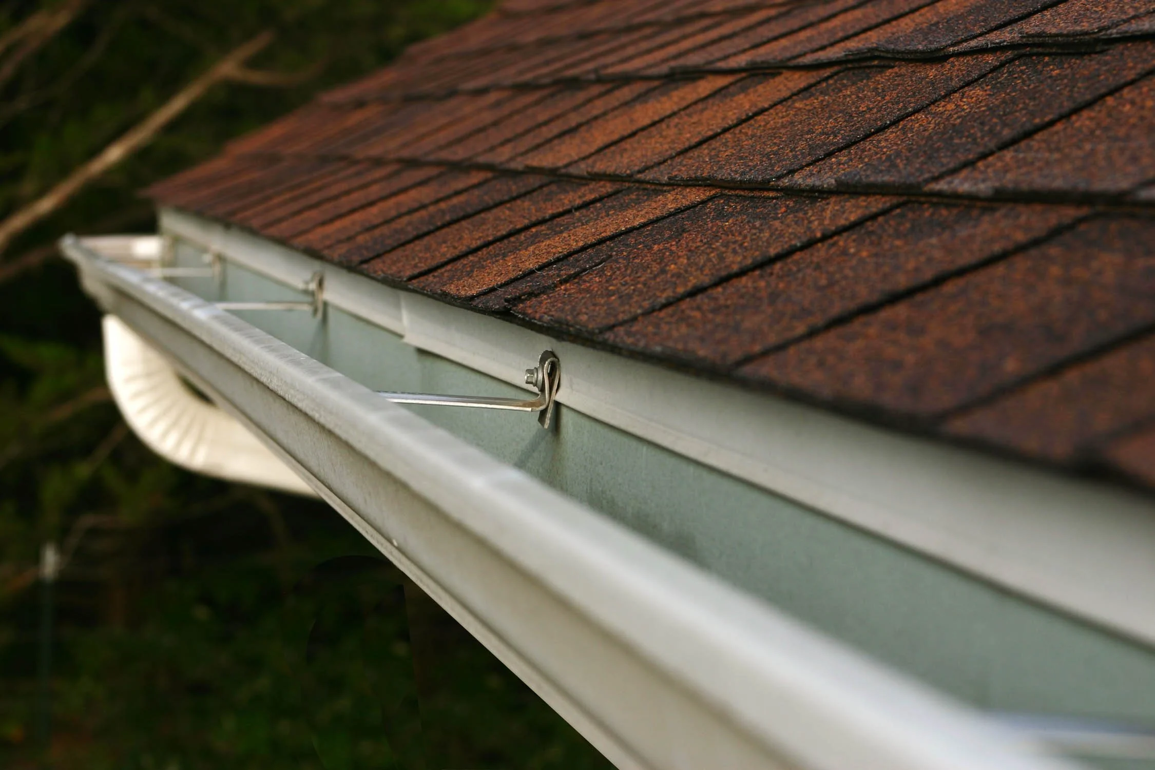 Close-up of a clean white gutter system installed beneath brown asphalt shingles