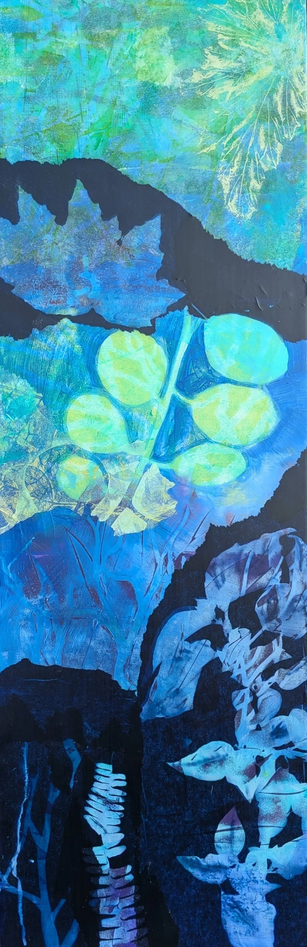 Indigo Sunshine 2, Acrylic and Mixed Media on cradled wood panel, 30 x 10, $650
