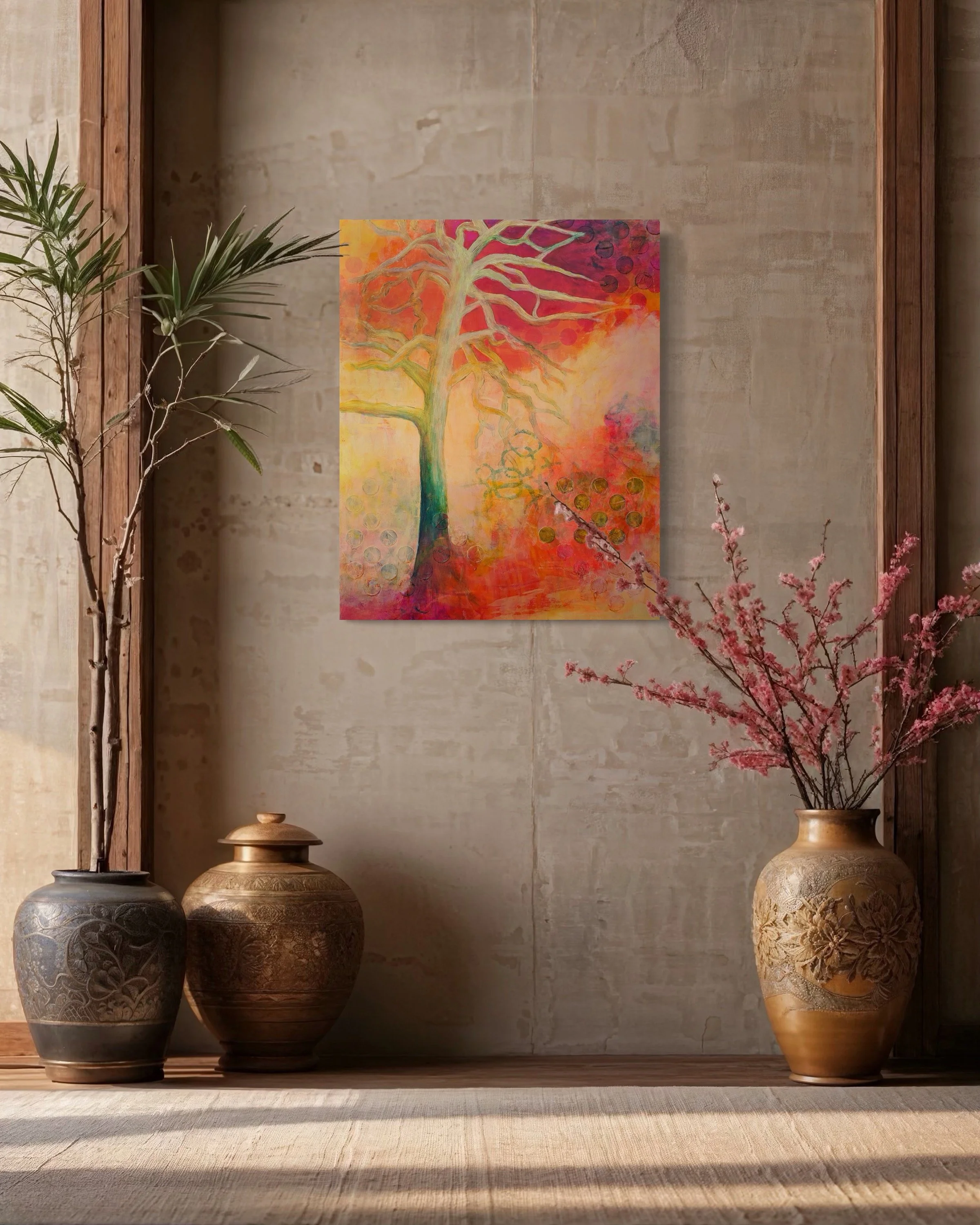 Sorbet Sunset, Acrylic and Mixed Media on cradled wood panel, 30 x 24, $1100