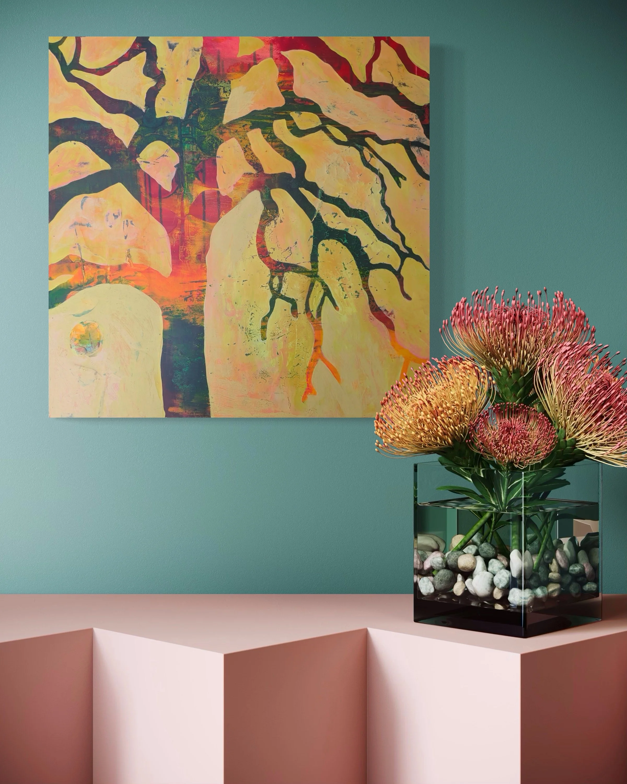 Chard from the Yard, Acrylic and Mixed Media on cradled wood panel, 24 x 24, $950