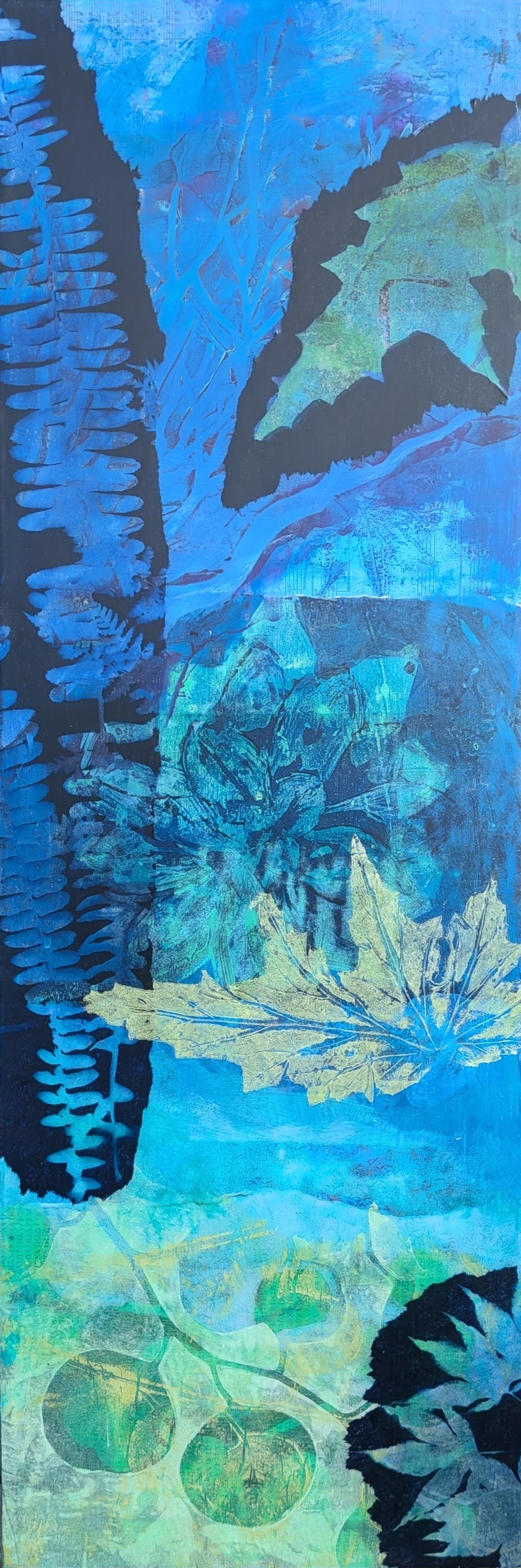 Indigo Sunshine 1, Acrylic and Mixed Media on cradled wood panel, 30 x 10, $650