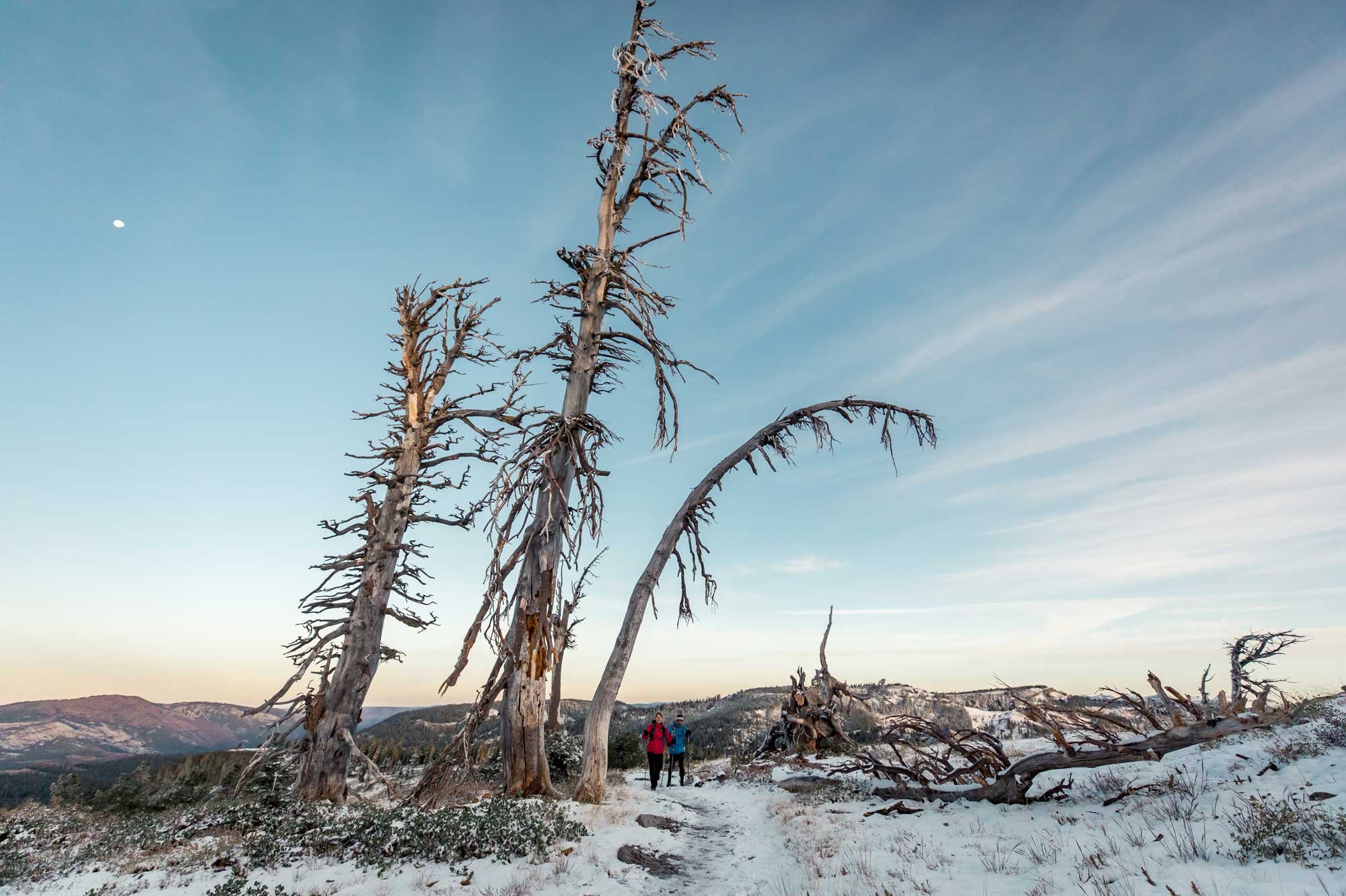  Snowfall at sunrise at Lake Tahoe, with two runners hiking in the distance 