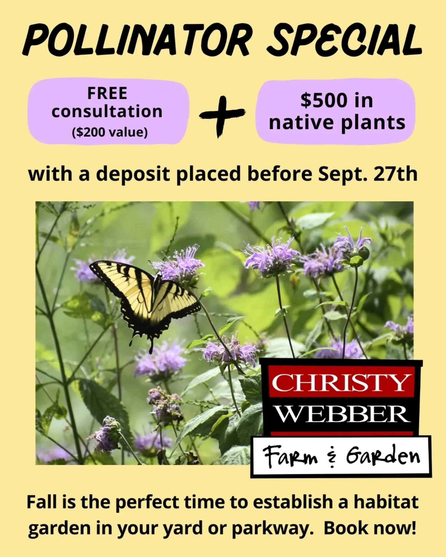 Time to #killyourlawn, plant native, and bring nature home! Whether you want a pocket prairie, a sunny savanna, or a secluded woodland scene, we&rsquo;ll help you DIY your native plant garden before autumn takes hold. If you place a $500 deposit towa