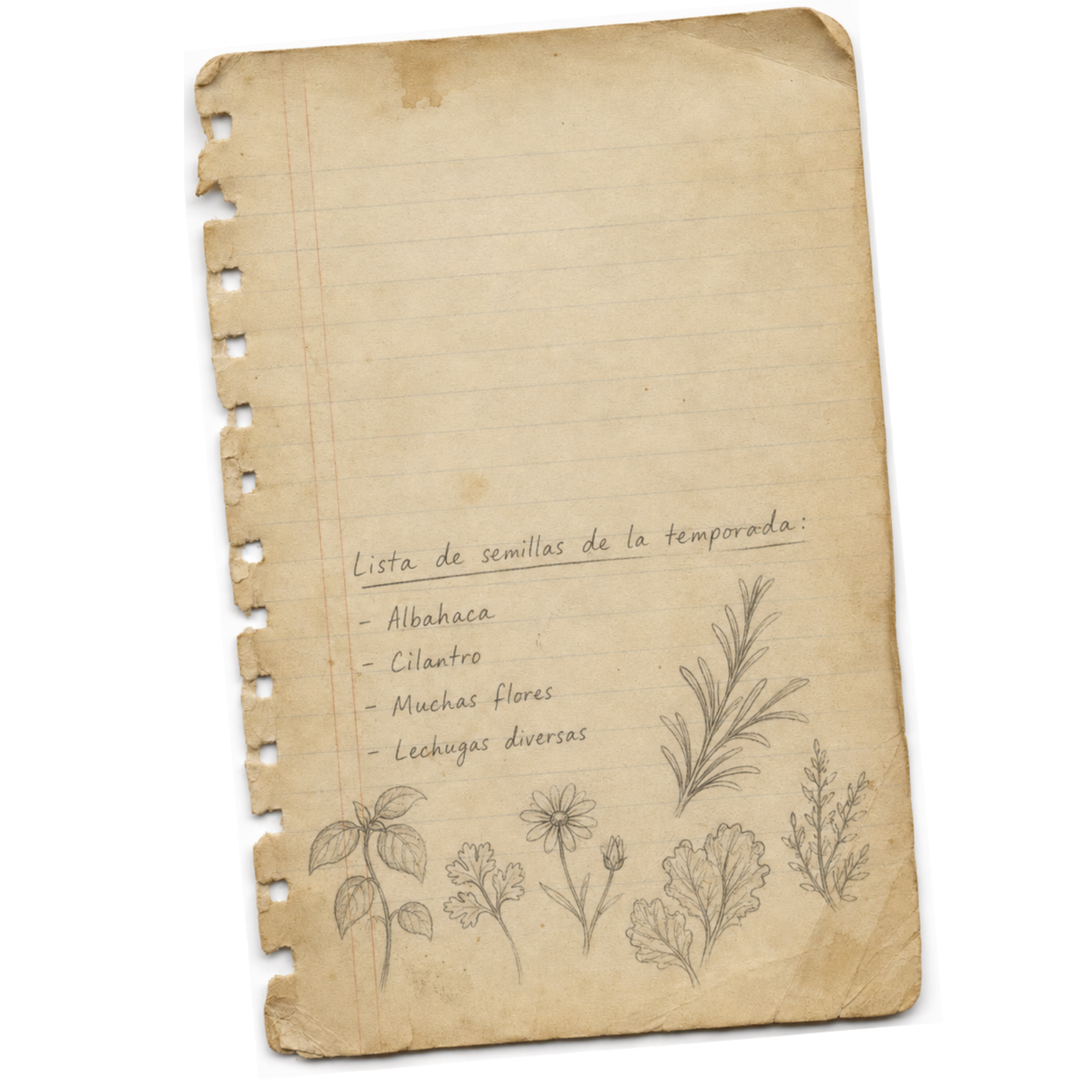 Papel envejecido con lista escrita a mano en español de semillas para la temporada, incluyendo albahaca, cilantro, flores y lechugas, con dibujos de plantas.