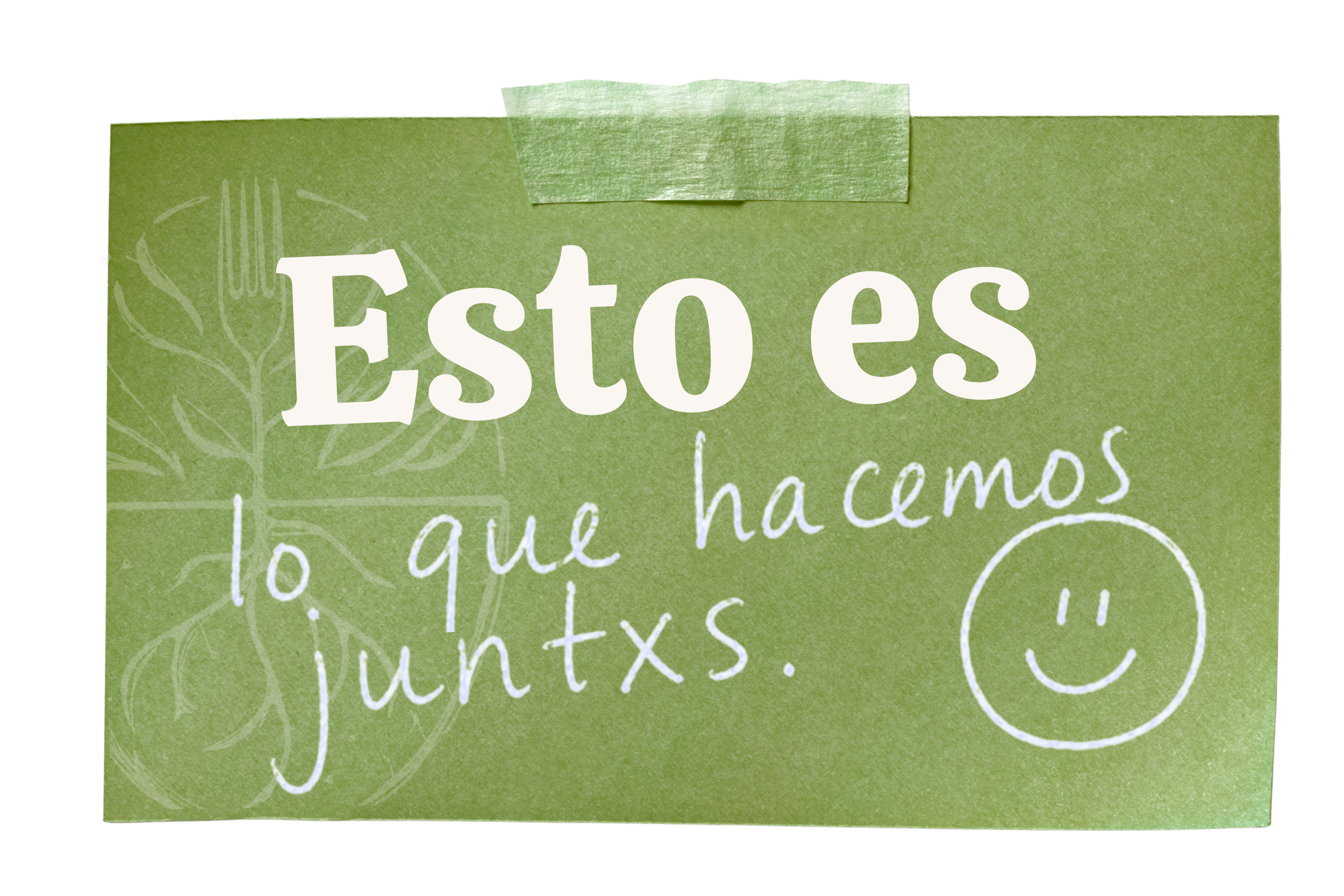 Etiqueta verde con texto en blanco que dice 'Estos' y otros escritos en cursiva, con un dibujo de utensilios y líneas decorativas de fondo.