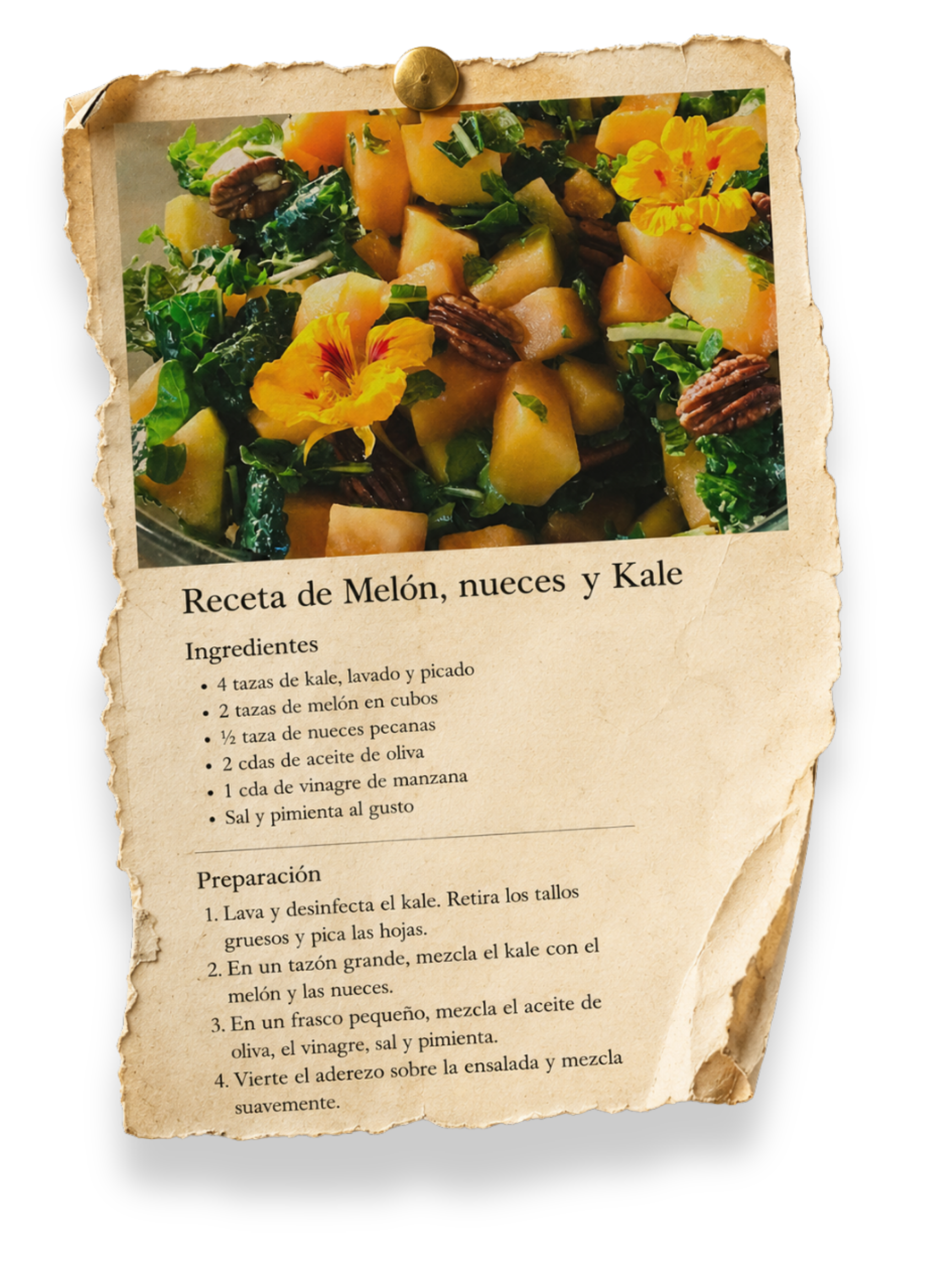 Una fotografía de una ensalada con melón, nueces y Kale decorada con flores amarillas.