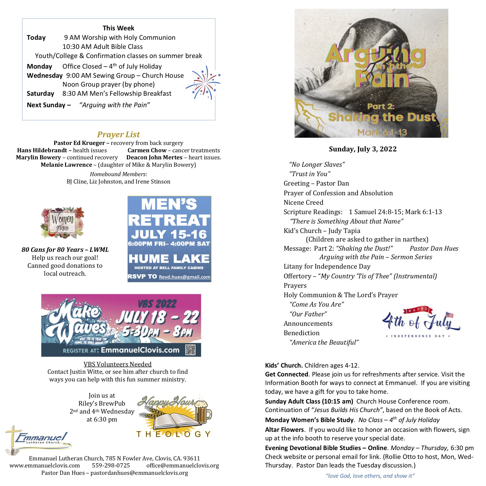Bulletin for July 3rd & Family Devotions for the week of July 4th.