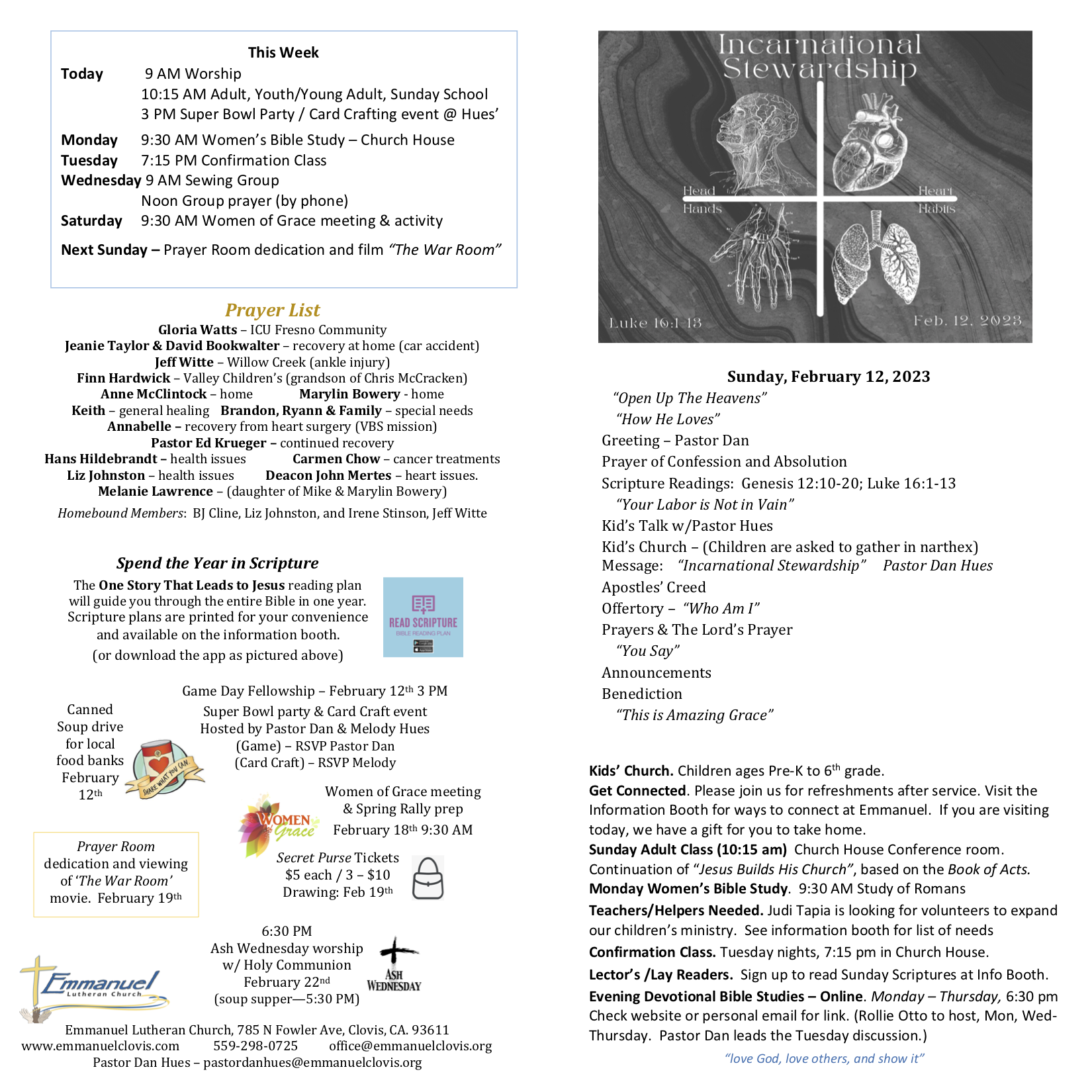 Bulletin for Sunday Feb. 12, 2023 and Daily Family Devotions for the week of Feb. 13th