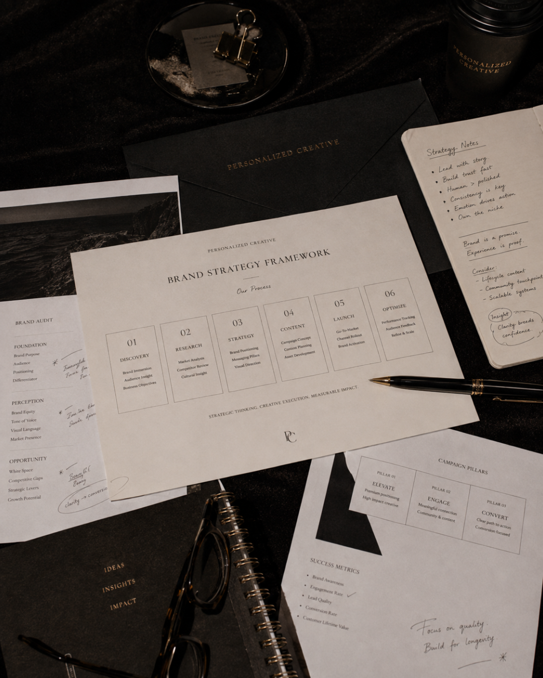 Business plan documents, a pen, eyeglasses, and a notebook with Notes on a dark surface, with a black envelope labeled "Personalized Creative" and a black coffee tumbler nearby.