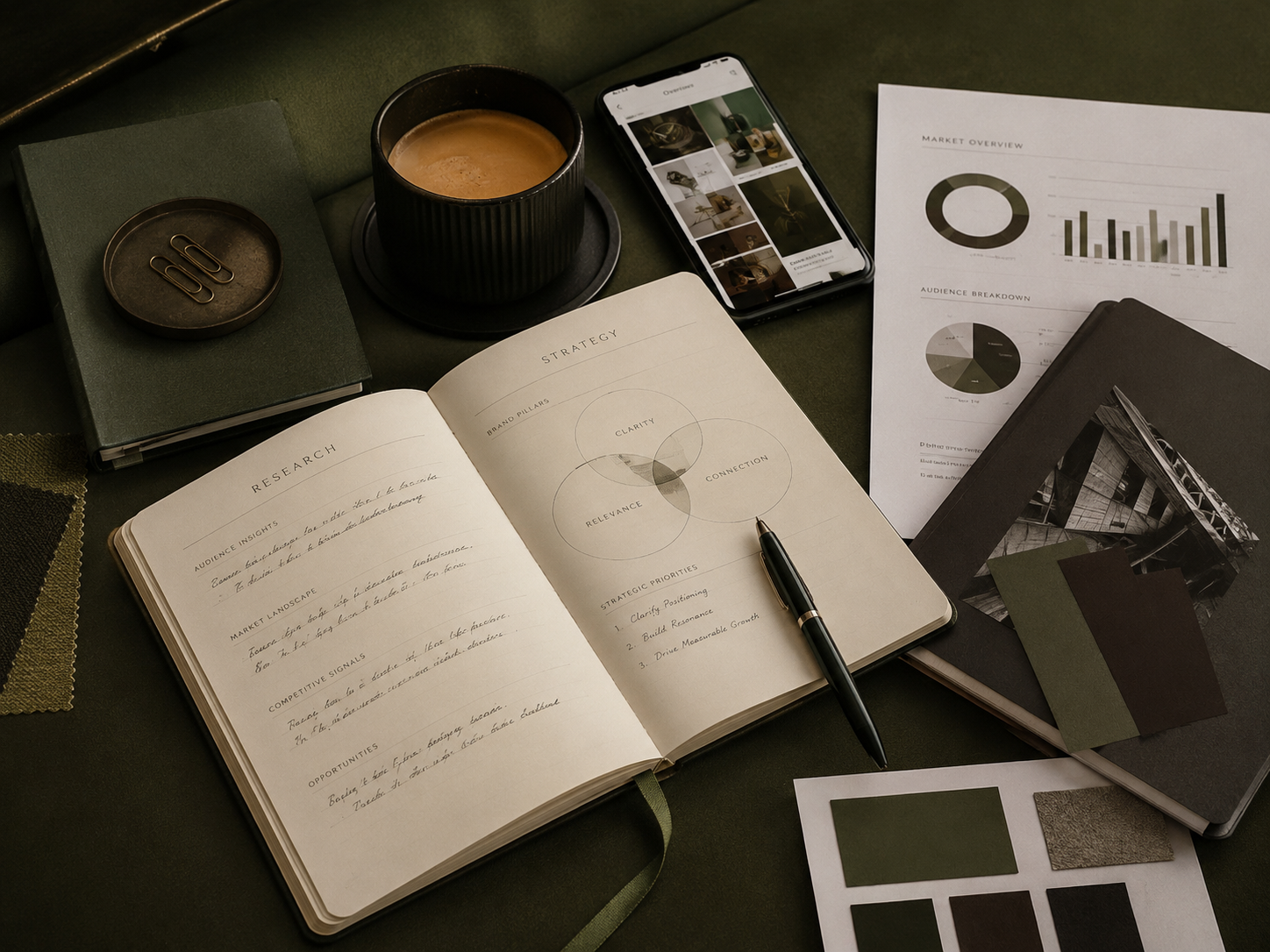 Workspace with notebooks, charts, a smartphone, and strategy notes.