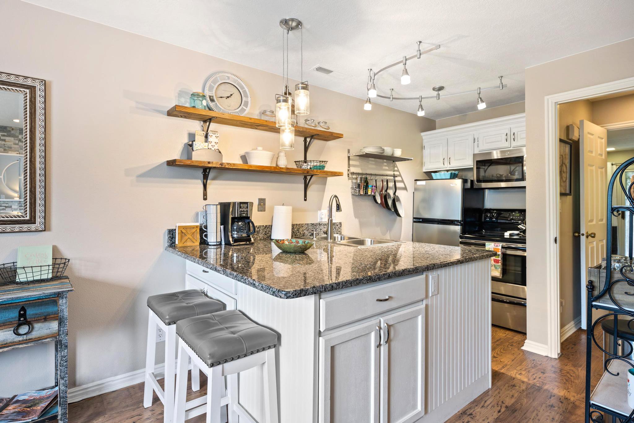 The kitchen is fully equipped for cooking or baking
