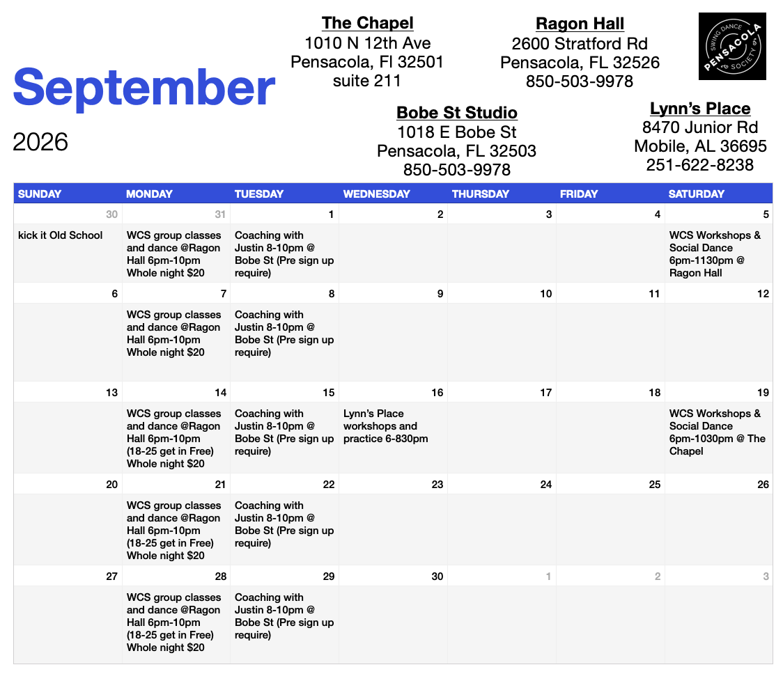 September 2026 calendar with locations and events for Pensacola, FL, including dance classes, workshops, and practice sessions, along with addresses and contact information for local venues.