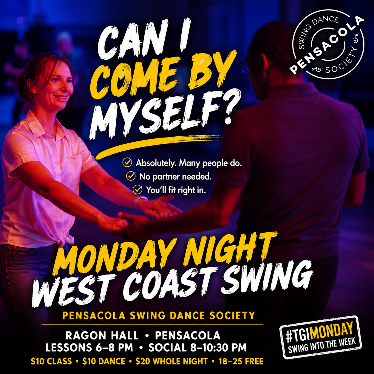 An advertisement poster for a swing dance event at the Pensacola Swing Dance Society, featuring a woman and a man dancing with the event details, including date, time, location, and pricing.