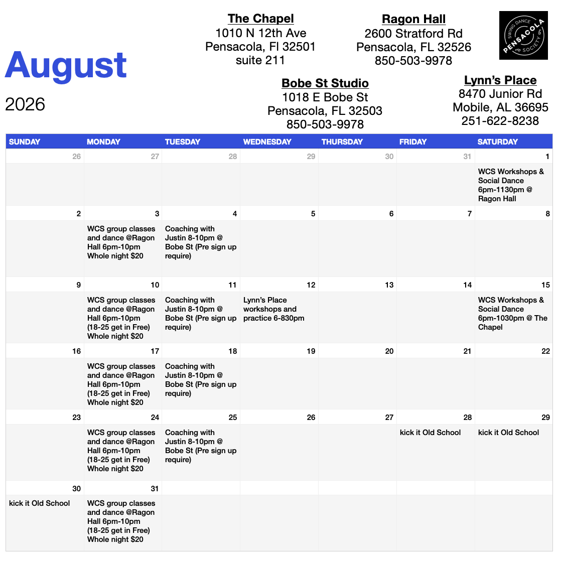 August calendar with events at Ragon Hall, The Chapel, Bobe St Studio, and Lynn's Place, including dance classes, coaching, workshops, and old school kick events.