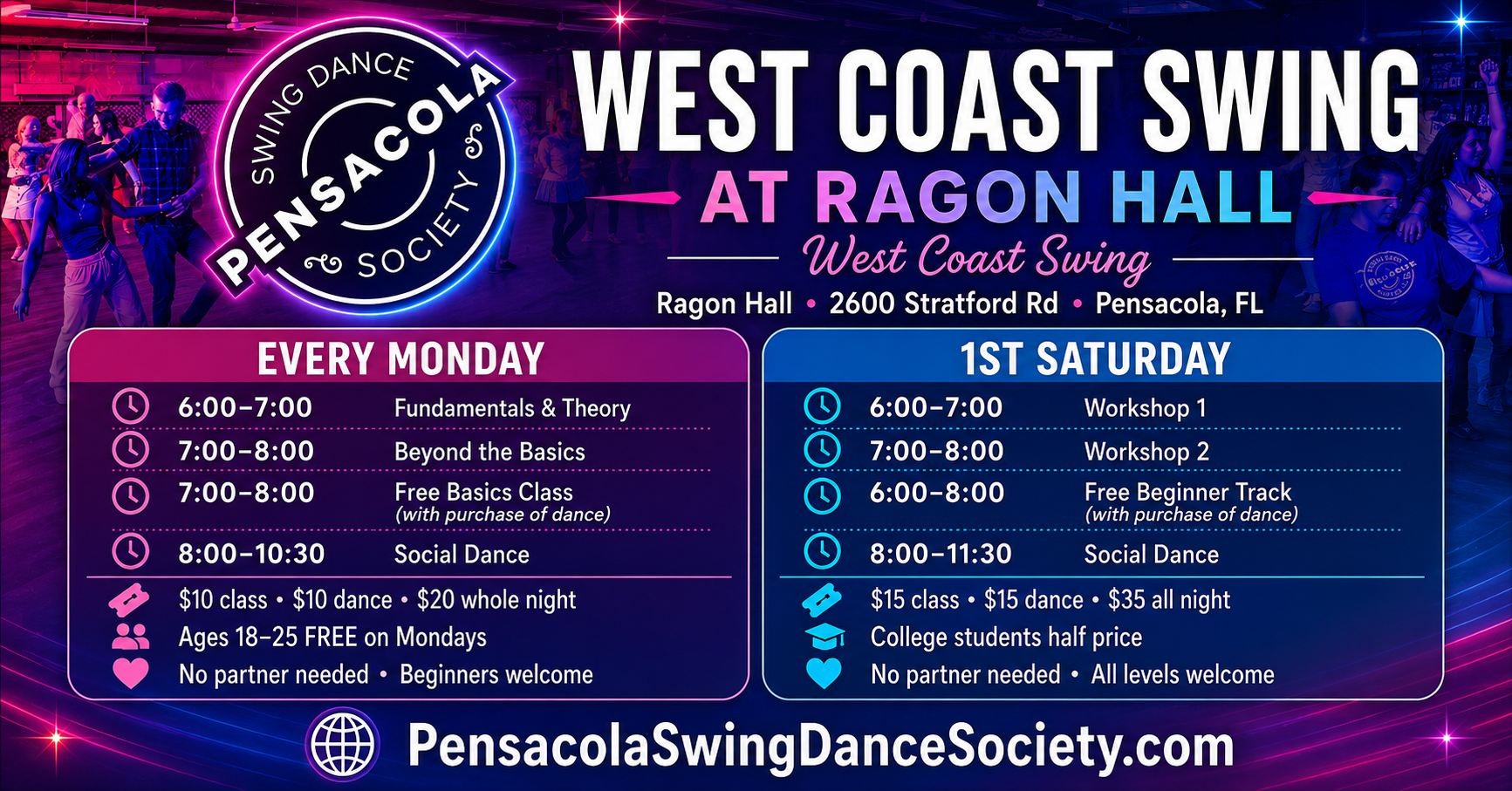 A promotional poster for a West Coast Swing dance event at Ragon Hall in Pensacola, FL, hosted by the Pensacola Swing Dance Society. The poster features neon colors, images of people dancing in retro attire, and details about classes and social dances occurring every Monday and on the first Saturday of each month.
