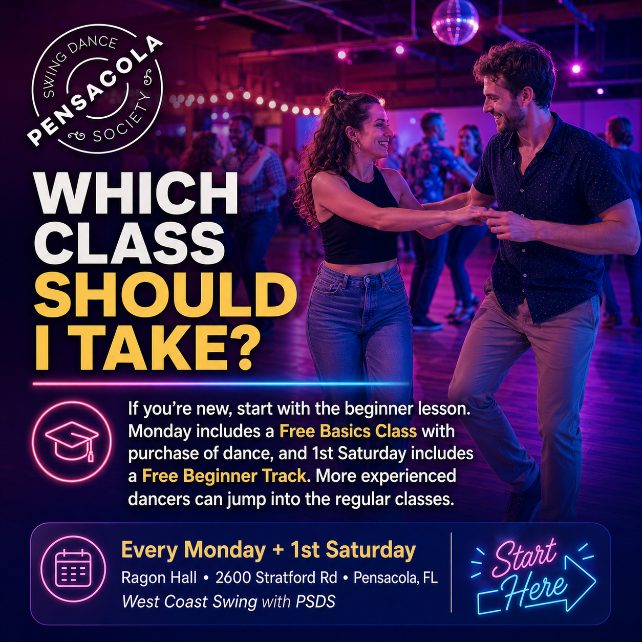 A promotional flyer for the Pensacola Swing Dance Society advertising dance classes. The flyer features a photo of a man and woman dancing in a dimly lit room with purple and pink lighting, with string lights and a disco ball overhead. The text asks, 'Which class should I take?' and provides details about beginner and regular classes, held every Monday and the first Saturday at Ragon Hall, 2600 Stratford Rd, Pensacola, FL.